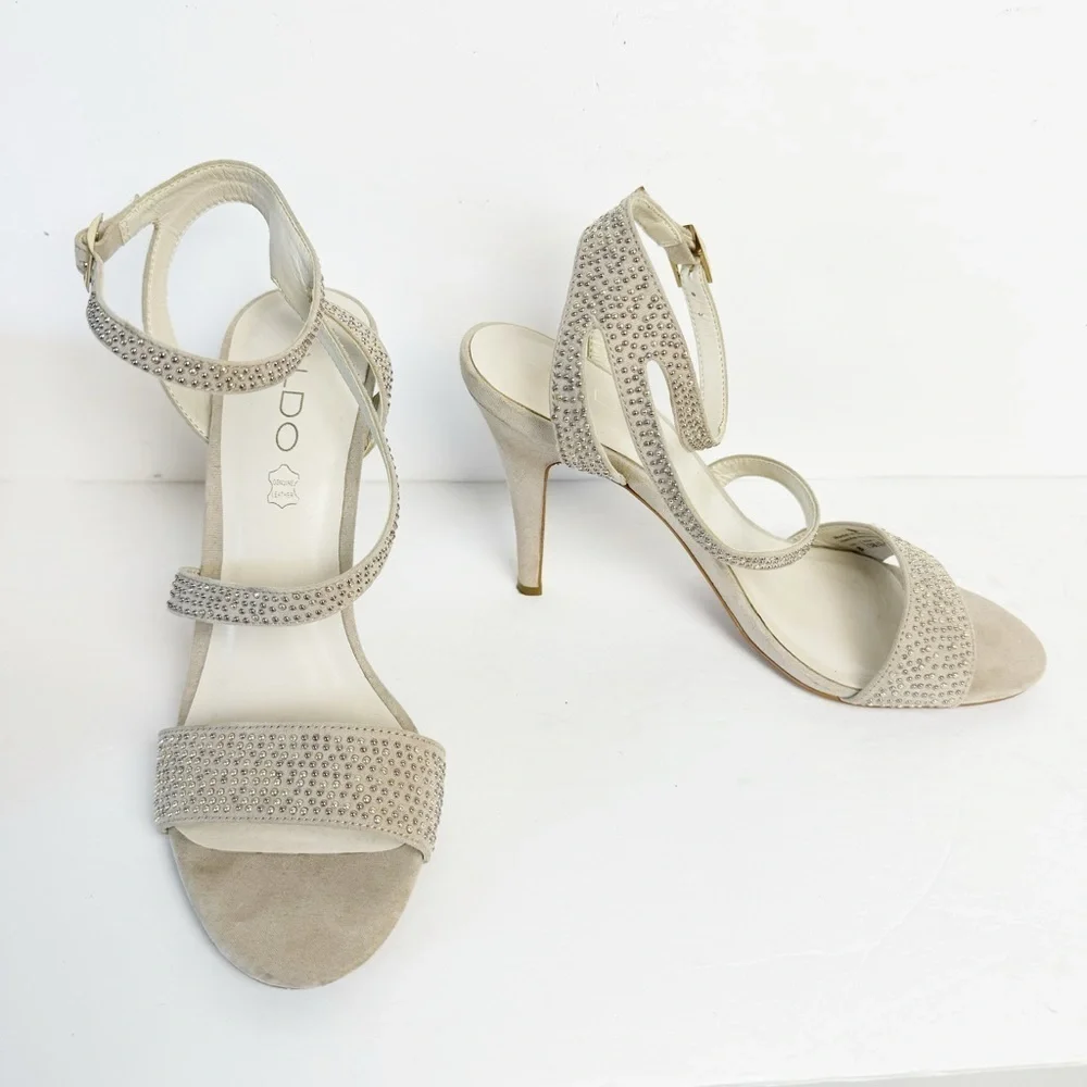 Aldo Strappy Size 8 Heels Champagne Studded Sandals 4” Heels